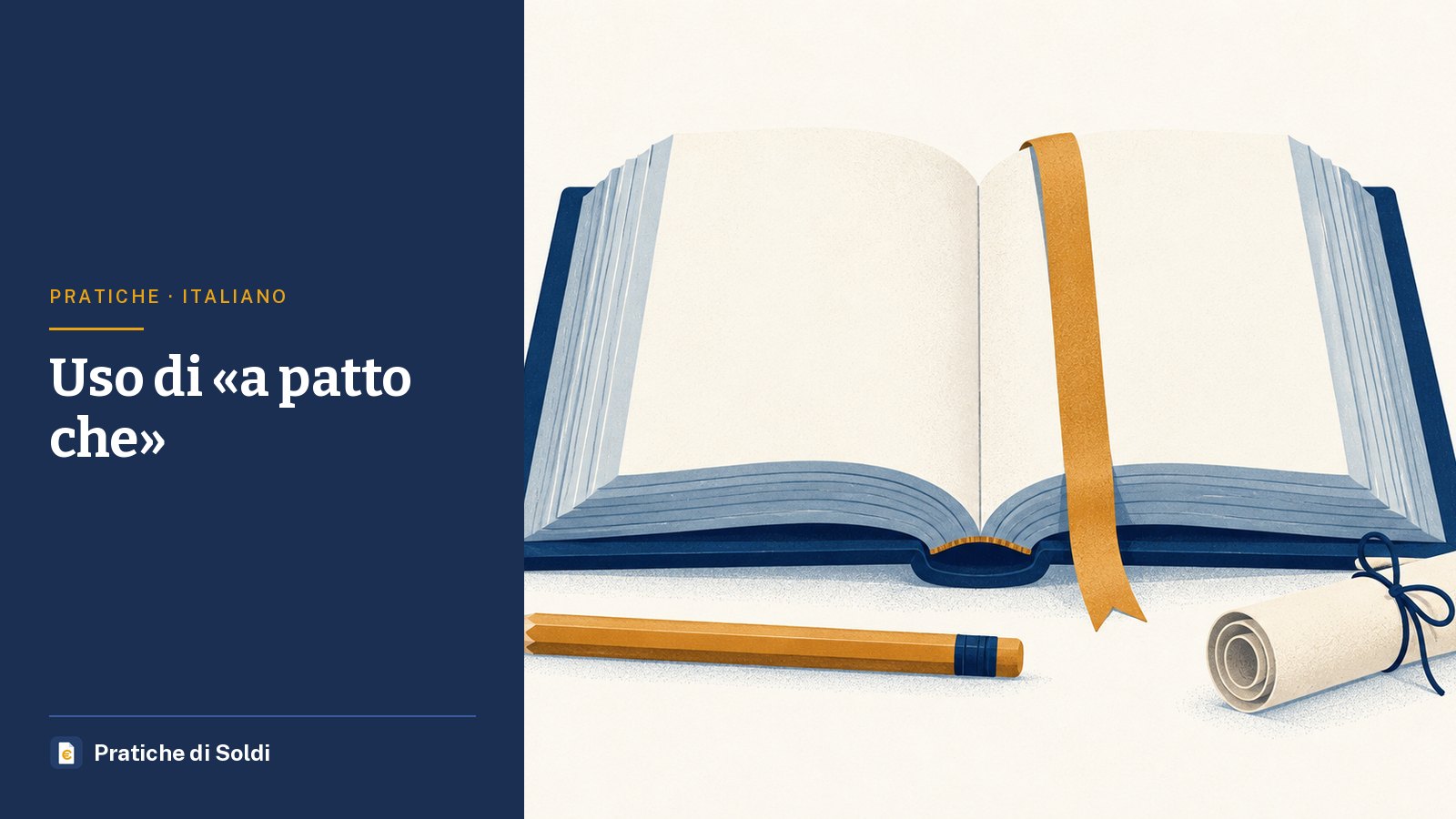 Uso di «a patto che»: un dizionario aperto con il segnalibro, una matita e una pergamena