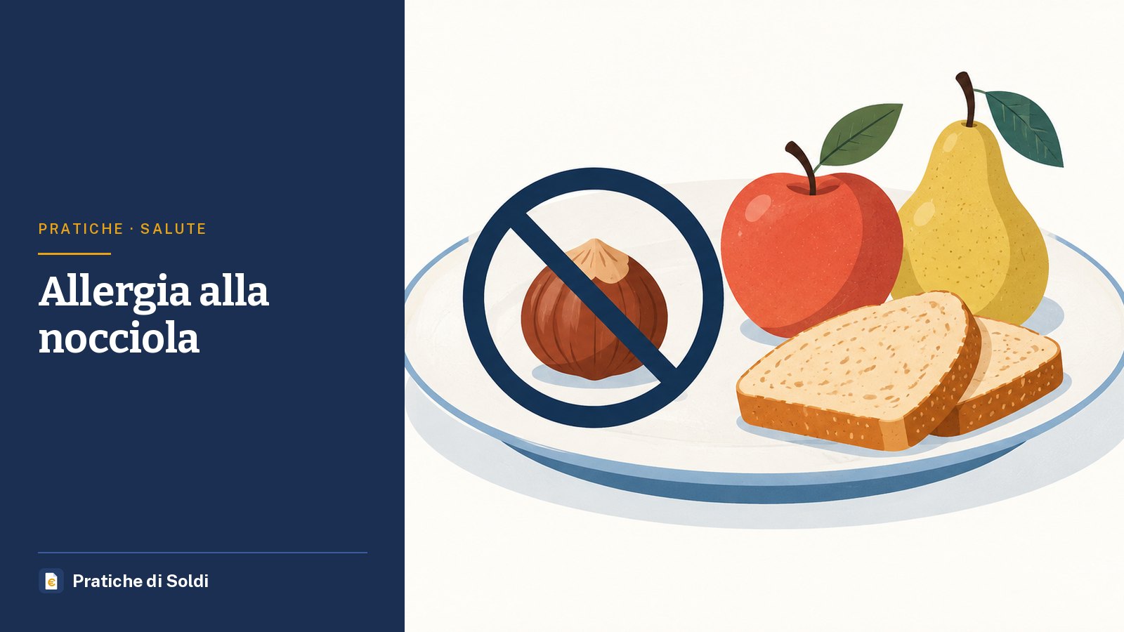 Allergia alla nocciola: un piatto con una nocciola barrata, una mela, una pera e fette di pane