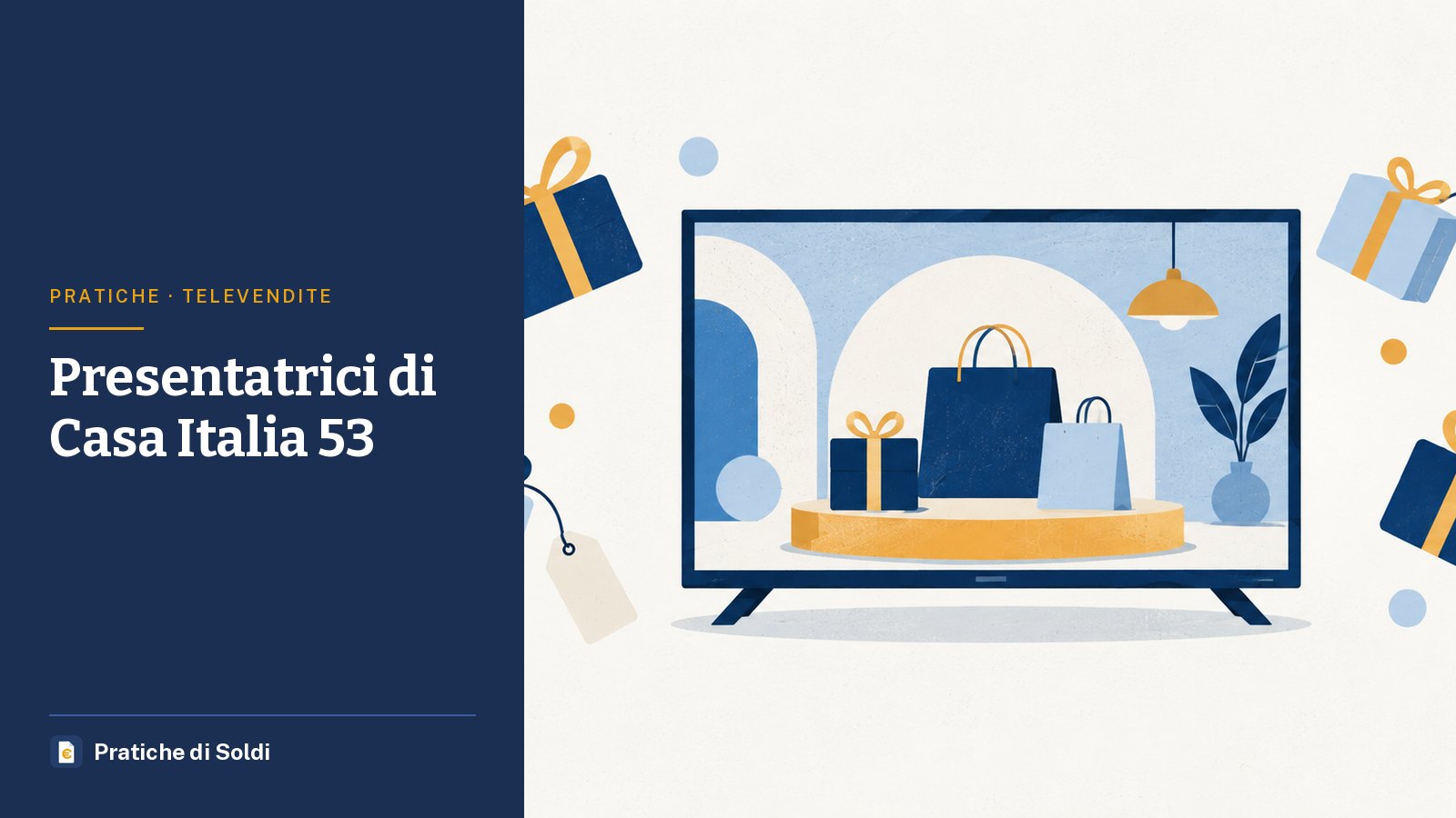 Presentatrici di Casa Italia 53: un televisore con una scena di acquisti e pacchi regalo con cartellini intorno