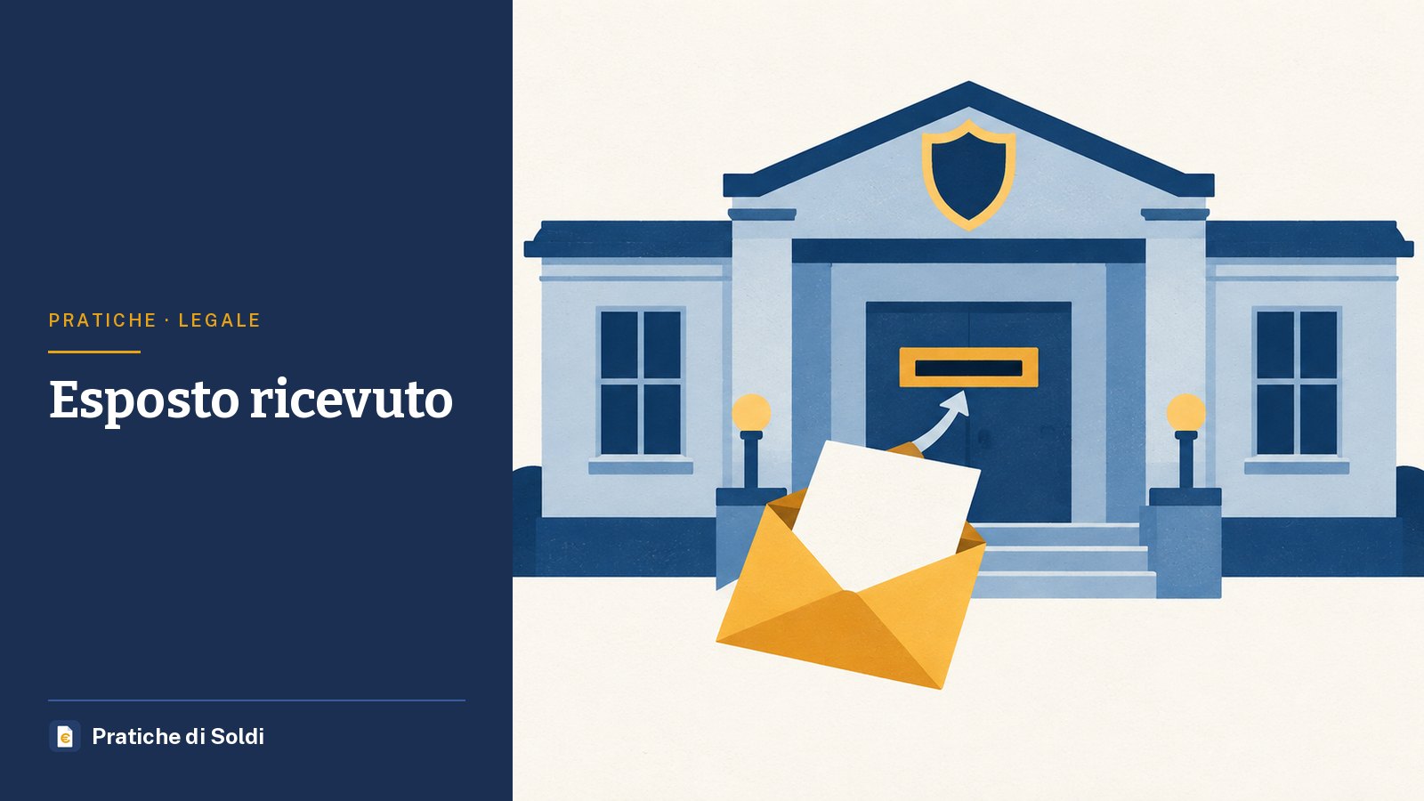 Esposto ricevuto: una busta consegnata davanti a un edificio pubblico con uno stemma