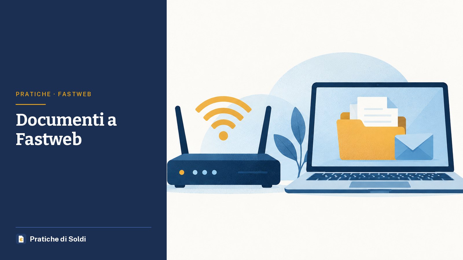 Documenti a Fastweb: un router wi-fi accanto a un portatile con una cartella di documenti e una busta