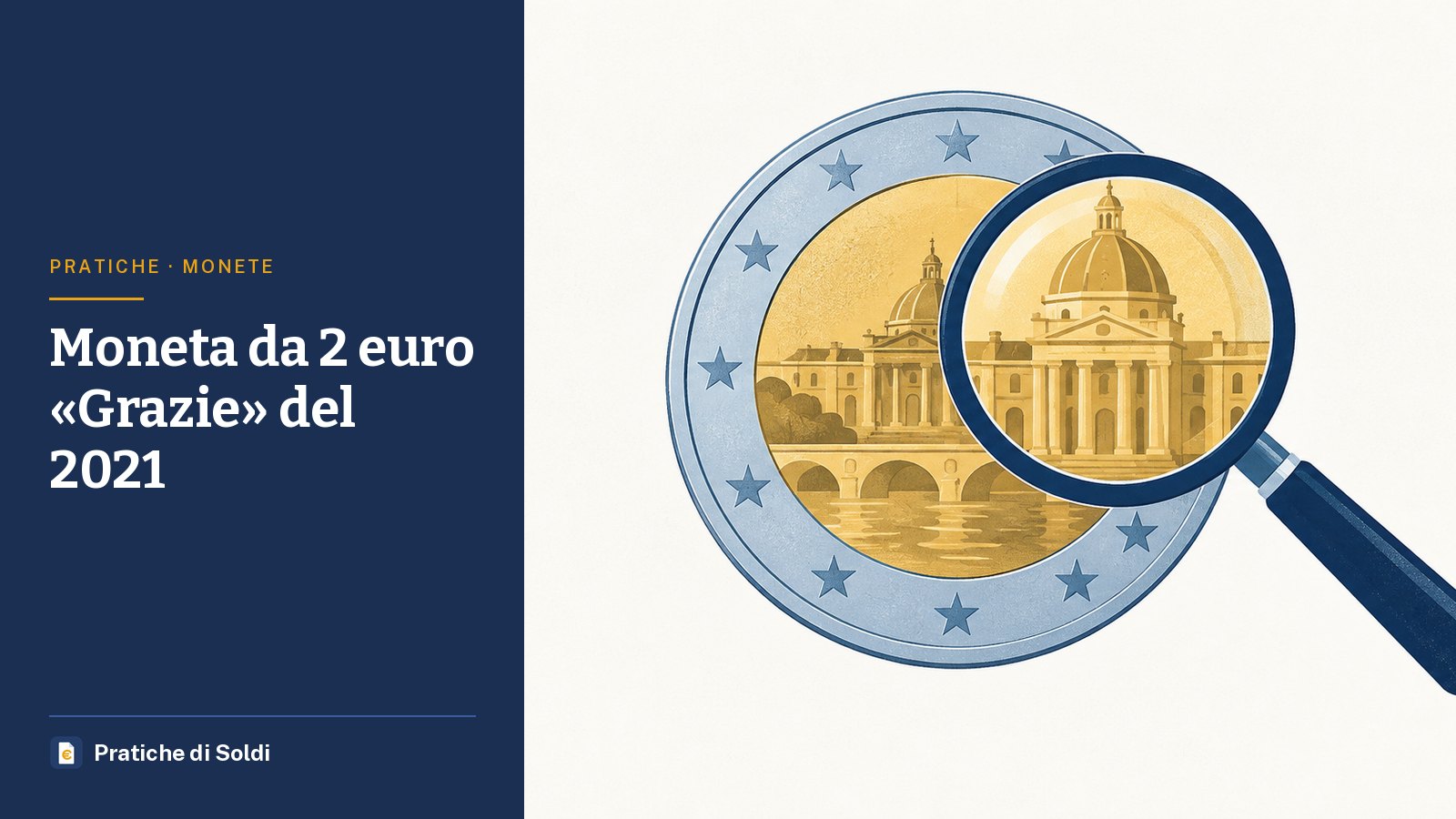 Moneta da 2 euro «Grazie» del 2021: una moneta da 2 euro illustrata sotto una lente d'ingrandimento