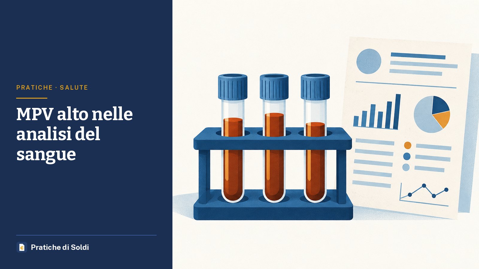 MPV alto nelle analisi del sangue: provette di sangue in un portaprovette accanto a un referto con grafici