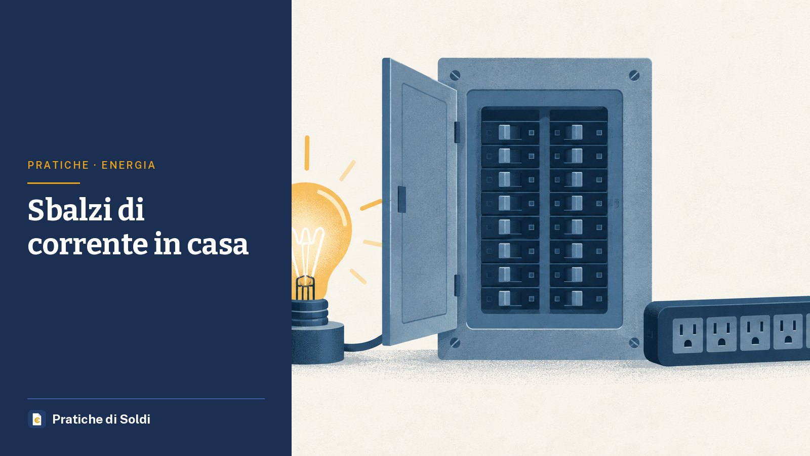 Sbalzi di corrente in casa: un quadro elettrico aperto con una lampadina accesa e una ciabatta