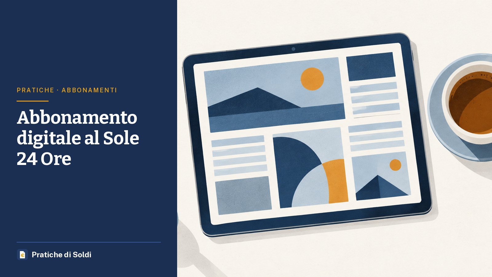 Abbonamento digitale al Sole 24 Ore: un tablet con un giornale digitale e una tazza di caffè