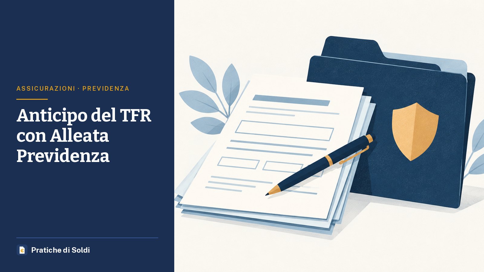 Anticipo del TFR con Alleata Previdenza: moduli con una penna accanto a una cartella con lo scudo