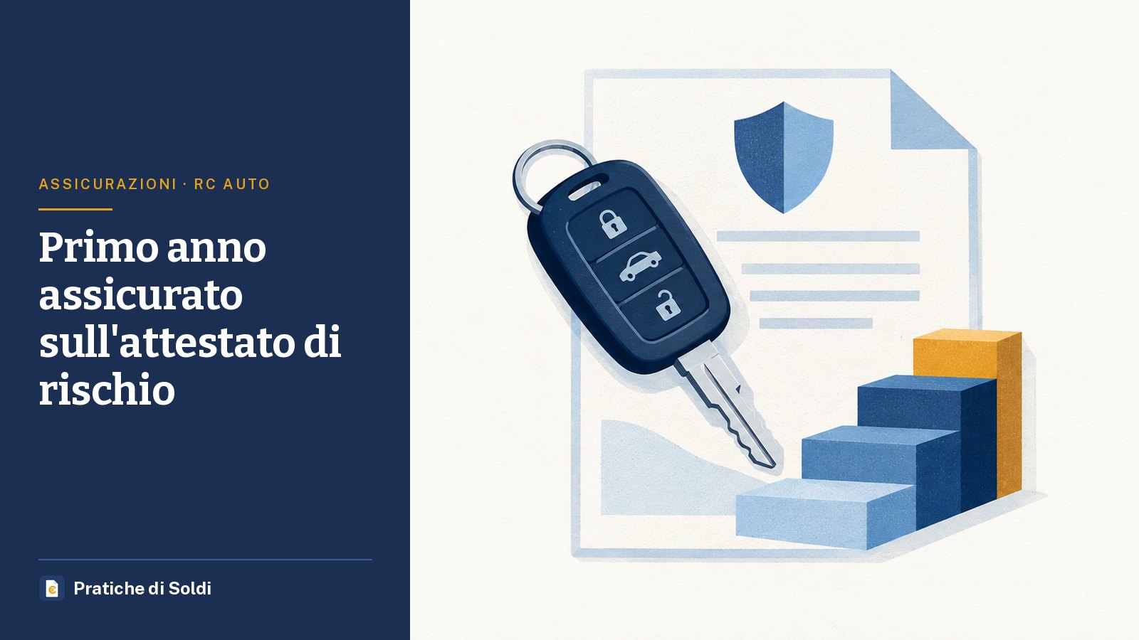 Primo anno assicurato sull'attestato di rischio: una chiave d'auto su un attestato di rischio con una scala di gradini colorati