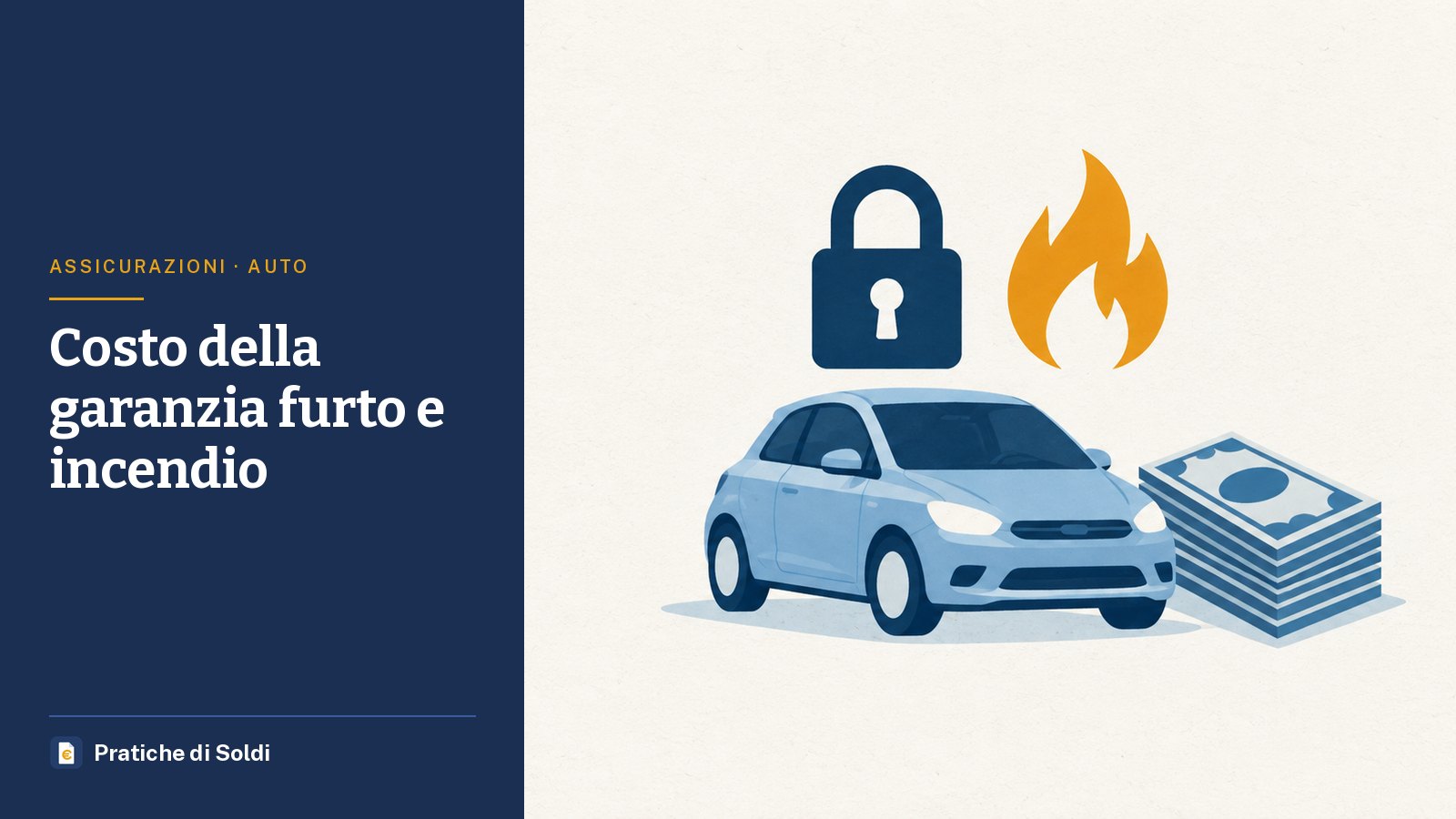 Costo della garanzia furto e incendio: un'auto con un lucchetto, una fiamma e una mazzetta di banconote
