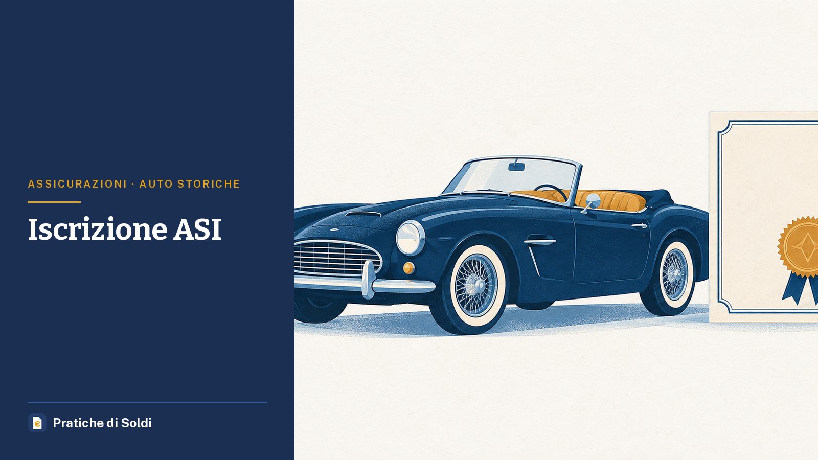Iscrizione ASI: un'auto d'epoca decappottabile accanto a un certificato con un sigillo