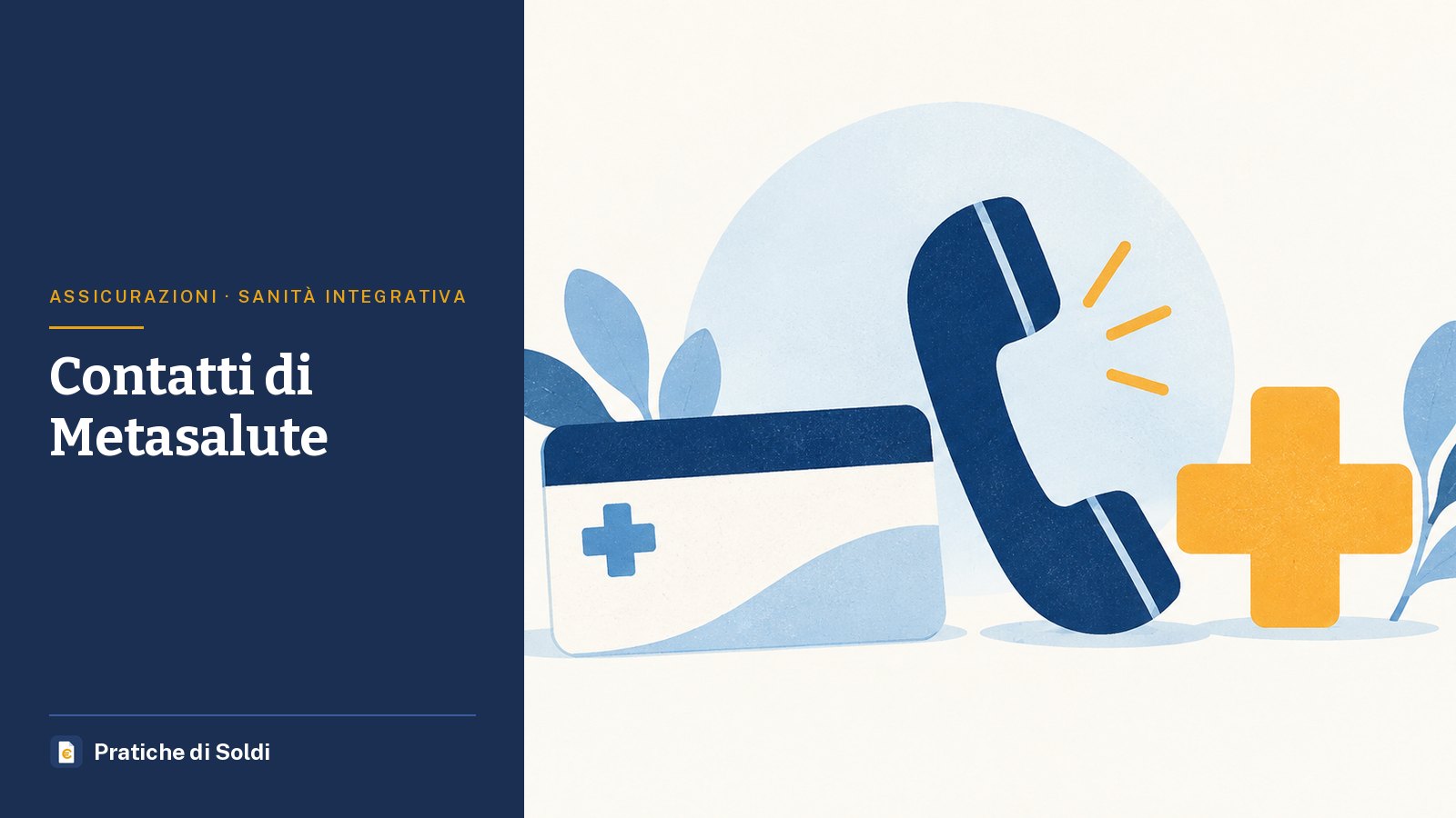 Contatti di Metasalute: una tessera sanitaria, una cornetta del telefono e una croce