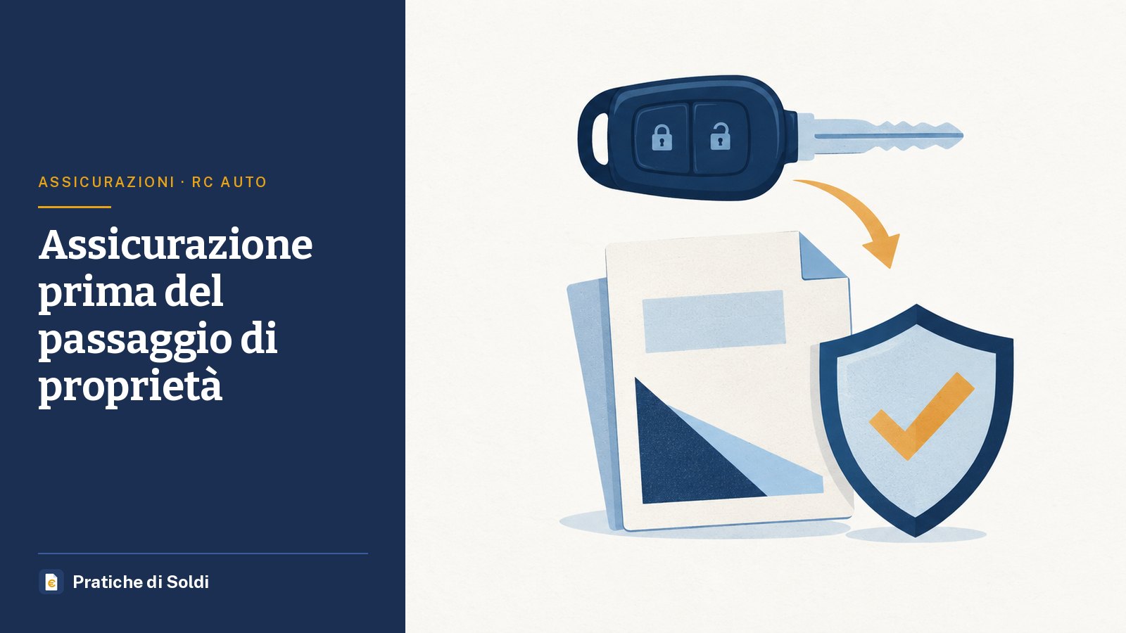 Assicurazione prima del passaggio di proprietà: una chiave dell'auto che passa sopra un contratto verso uno scudo con la spunta