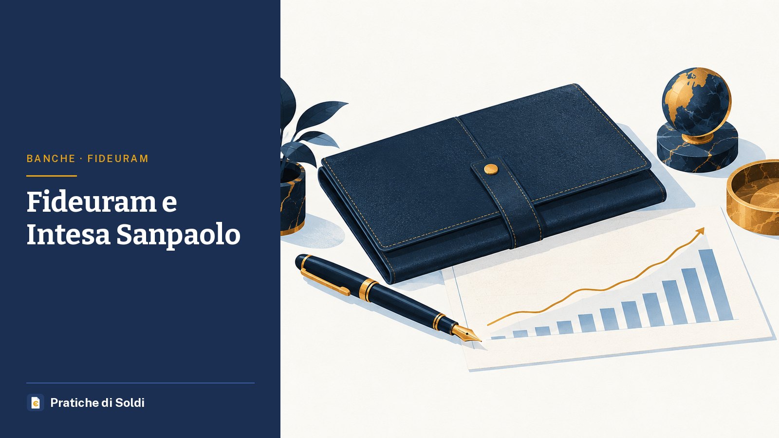 Fideuram e Intesa Sanpaolo: un portafoglio in pelle con una penna stilografica, un grafico in crescita e un mappamondo