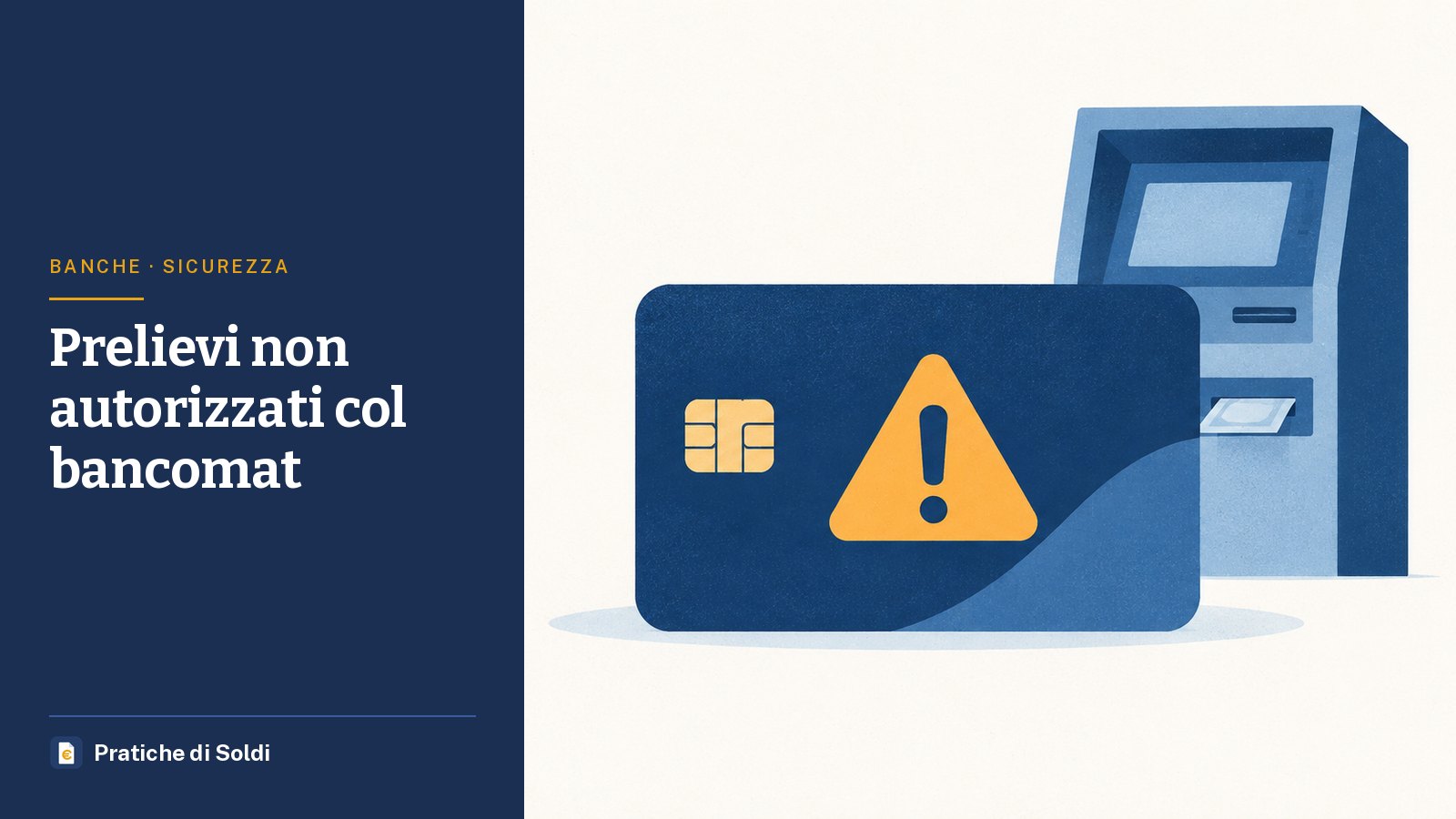Prelievi non autorizzati col bancomat: una carta di pagamento con un triangolo di avviso davanti a uno sportello automatico