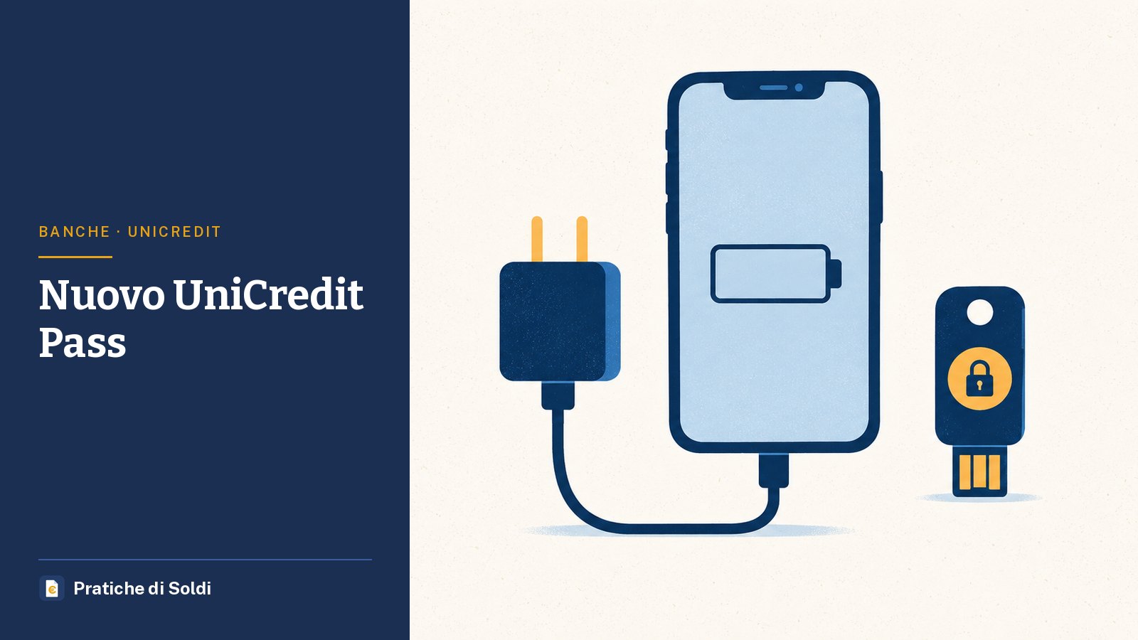 Nuovo UniCredit Pass: uno smartphone con la batteria scarica, un caricabatterie e una chiavetta con il lucchetto