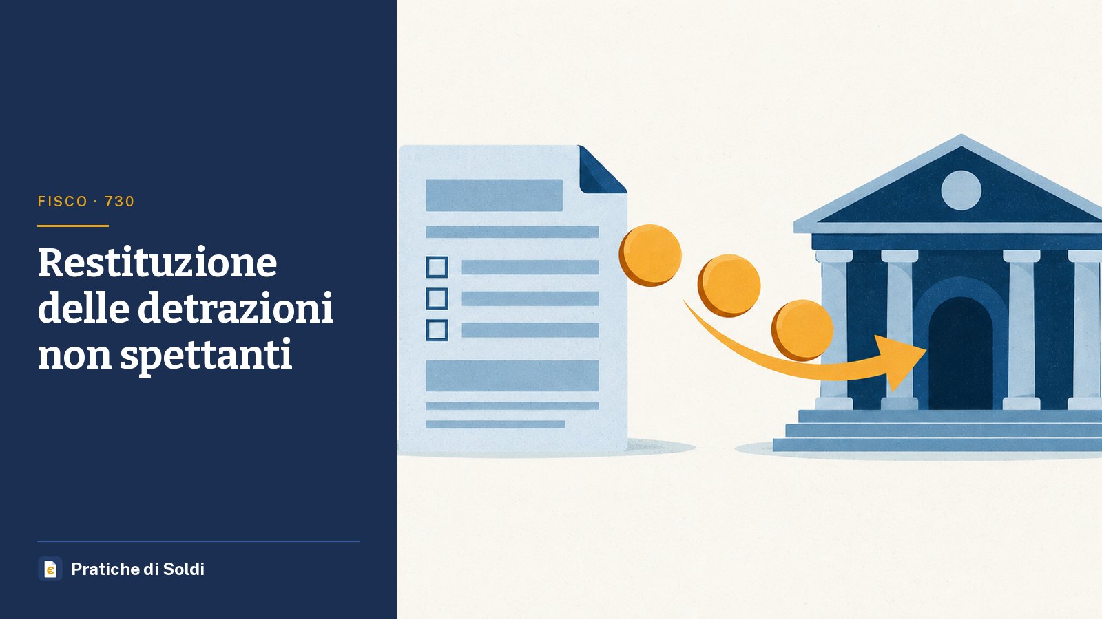 Restituzione delle detrazioni non spettanti: un modulo fiscale da cui tornano monete verso un edificio pubblico