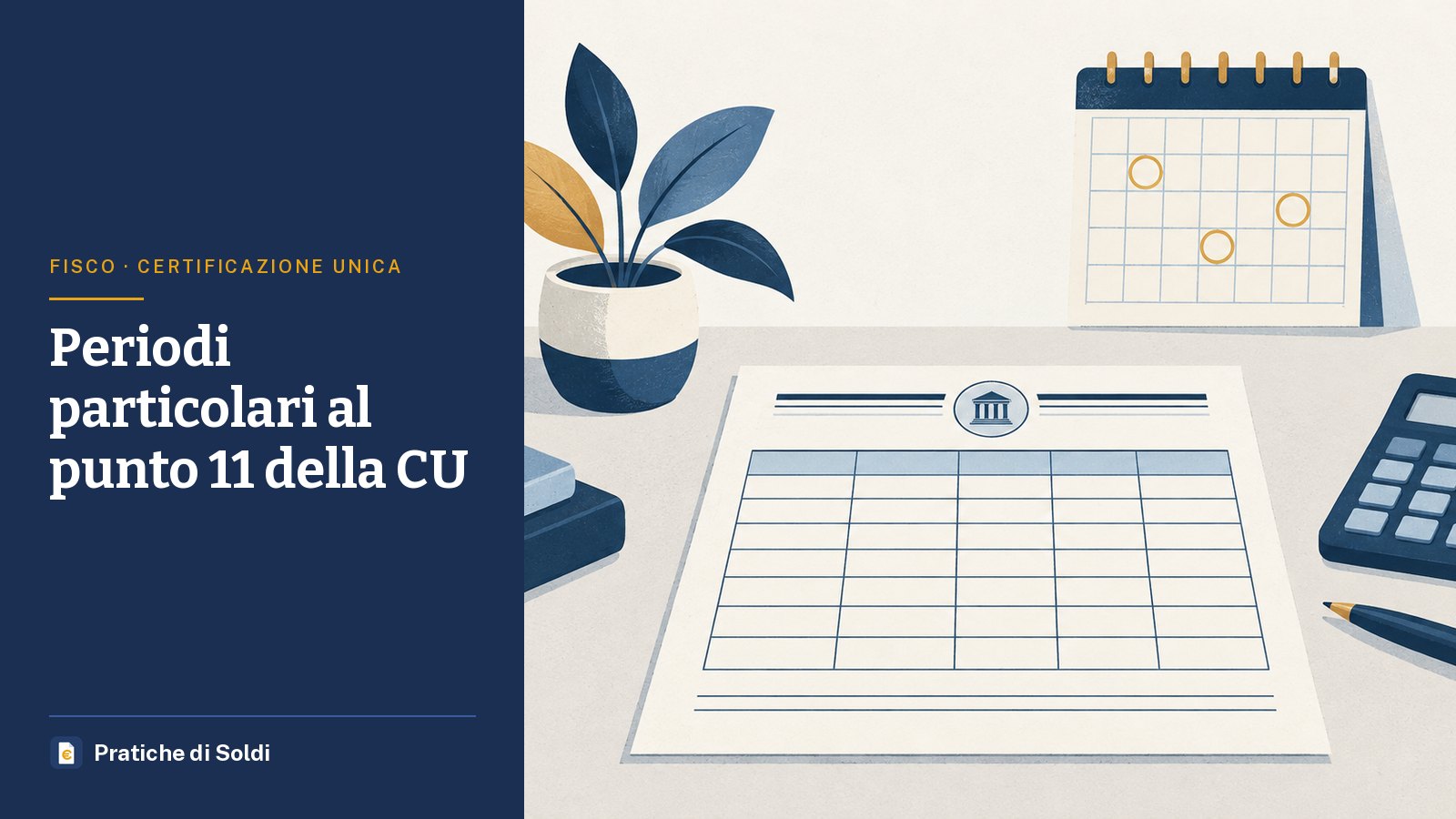 Periodi particolari al punto 11 della CU: il modulo della Certificazione Unica sulla scrivania con calendario e calcolatrice
