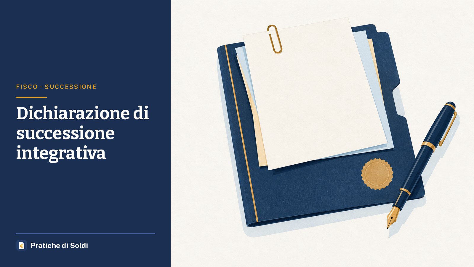 Dichiarazione di successione integrativa: una cartella di documenti di successione con un foglio aggiunto fermato da una graffetta e una penna stilografica