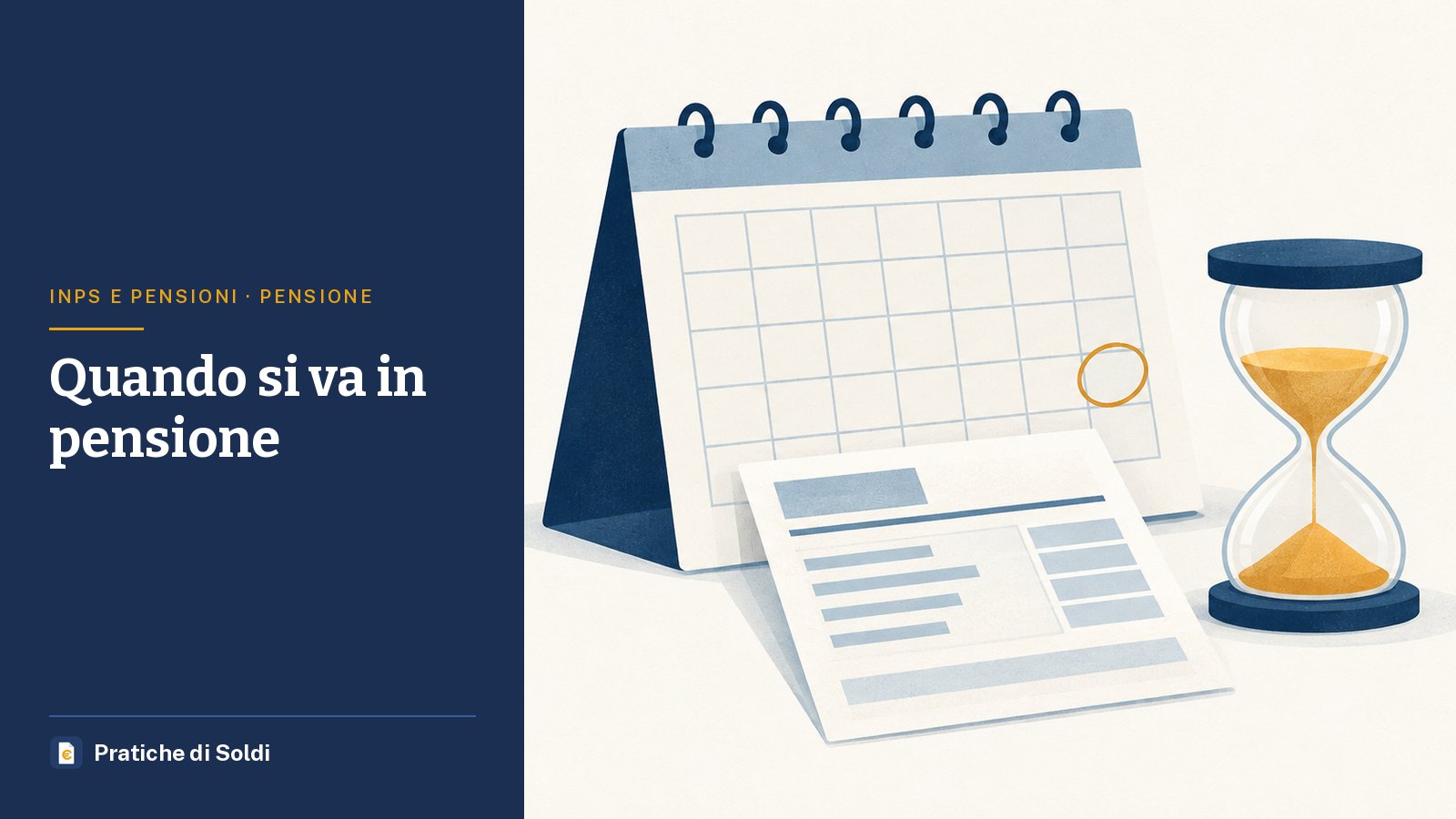 Quando si va in pensione: un calendario con una data cerchiata, un cedolino e una clessidra