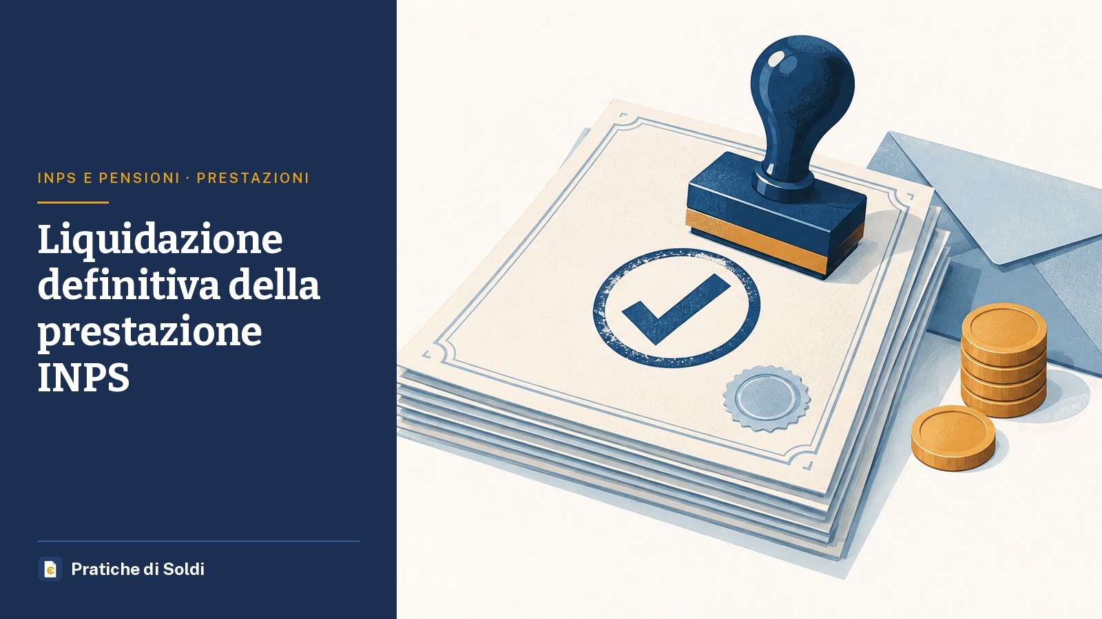 Liquidazione definitiva della prestazione INPS: documenti con un timbro di approvazione, una busta e una pila di monete
