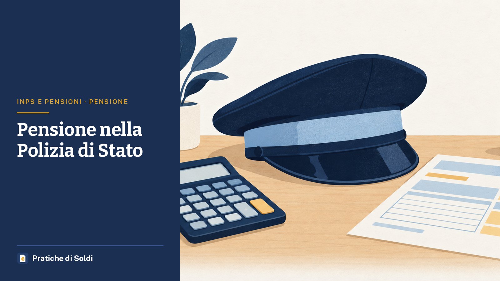Pensione nella Polizia di Stato: un berretto con visiera su una scrivania accanto a una calcolatrice e un cedolino