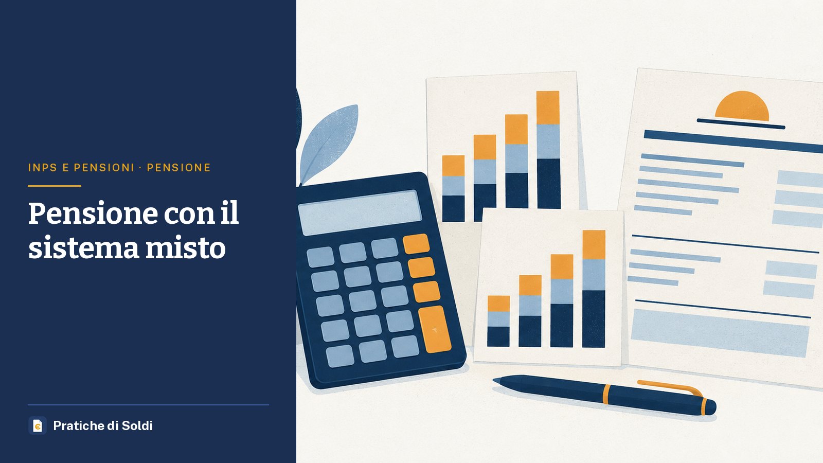 Pensione con il sistema misto: una calcolatrice accanto a grafici a barre in due colori e un cedolino