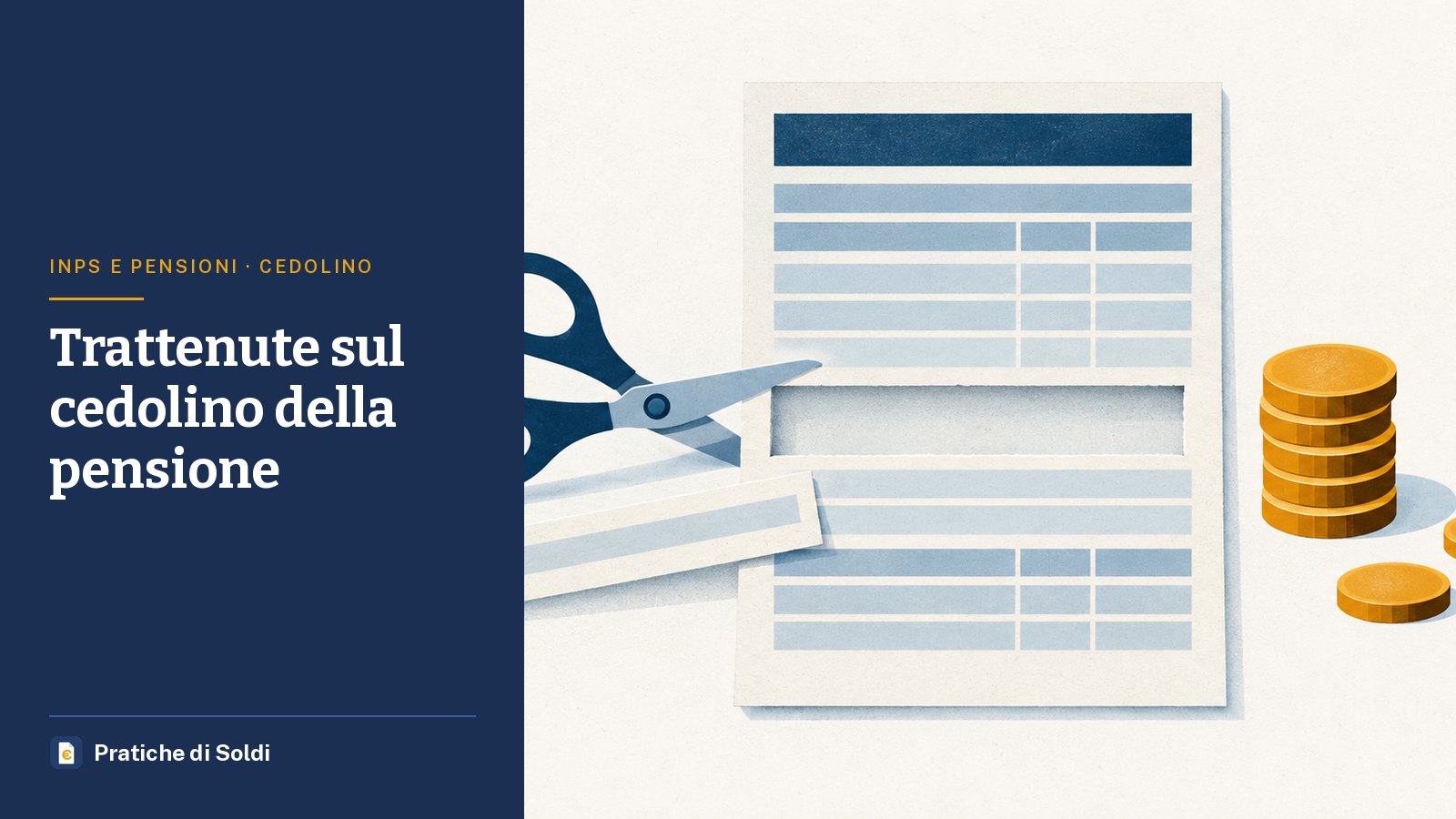 Trattenute sul cedolino della pensione: un cedolino con una riga tagliata dalle forbici e alcune monete tolte da una pila