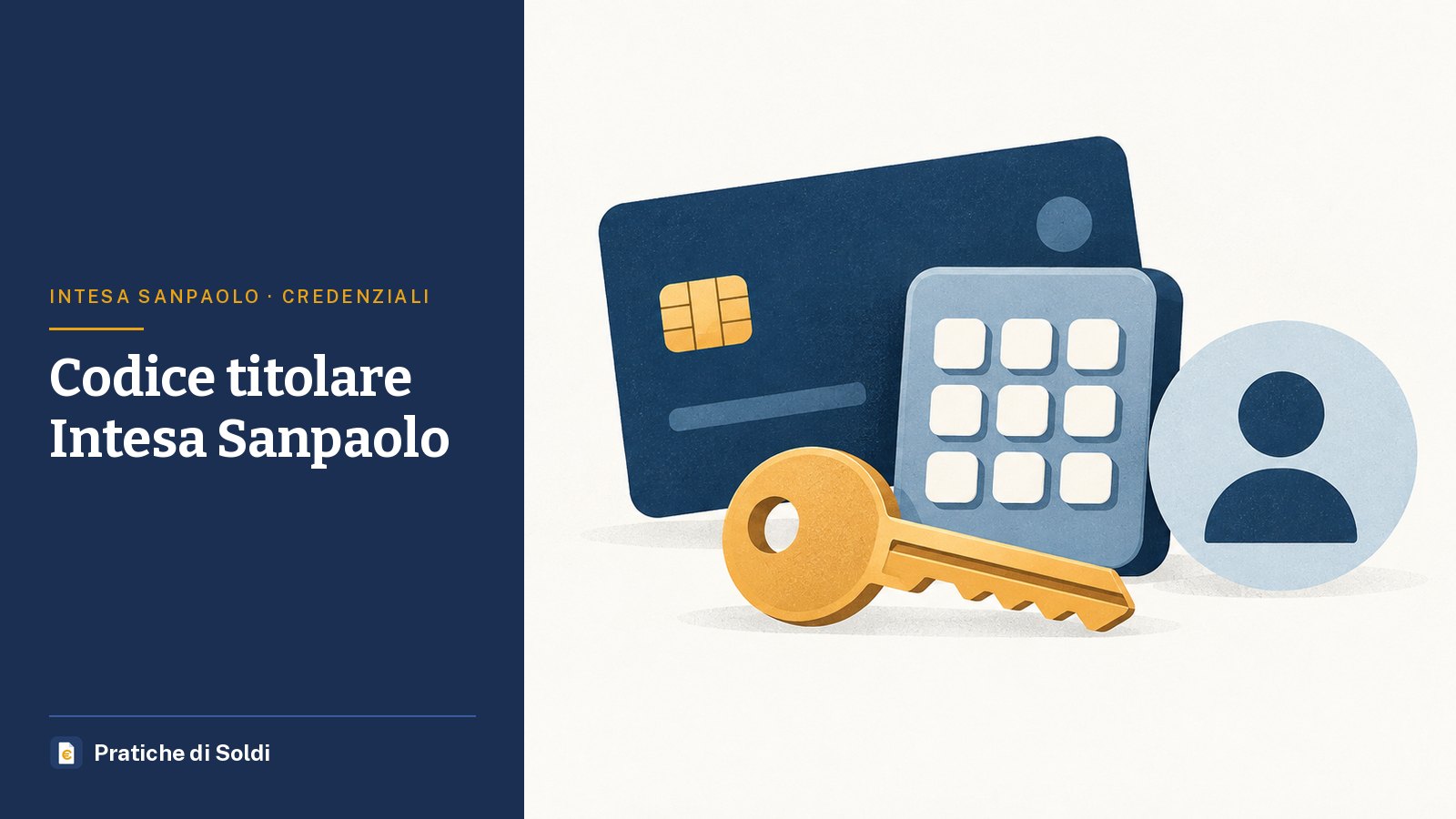 Codice titolare Intesa Sanpaolo: una carta di pagamento con un tastierino, una chiave e l'icona di un utente