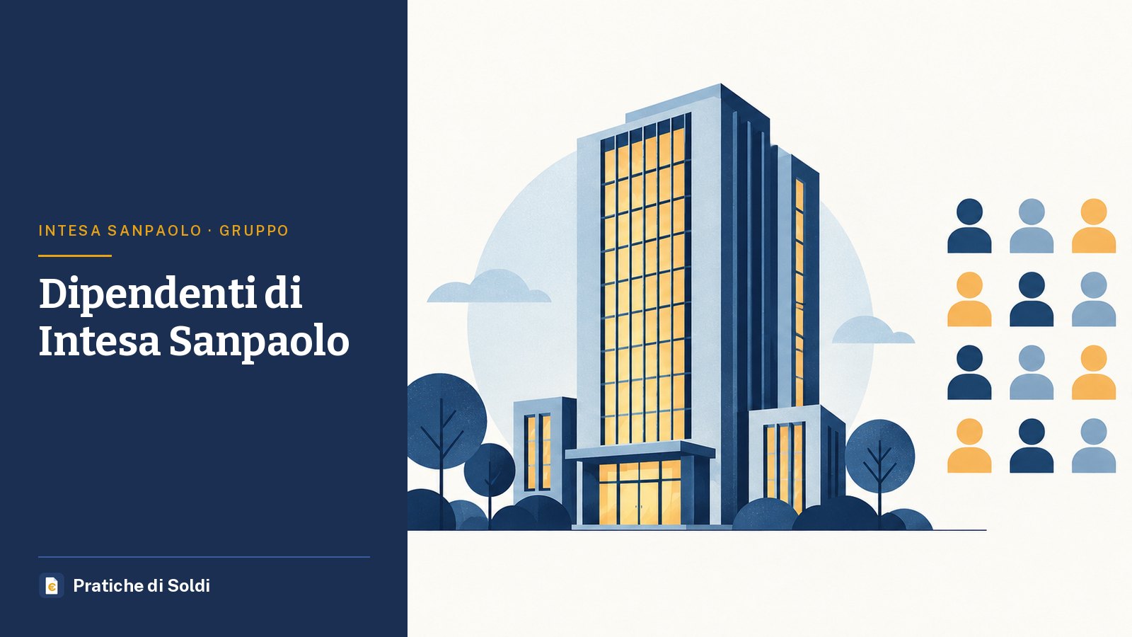 Dipendenti di Intesa Sanpaolo: un grattacielo con le finestre illuminate e una griglia di icone di persone