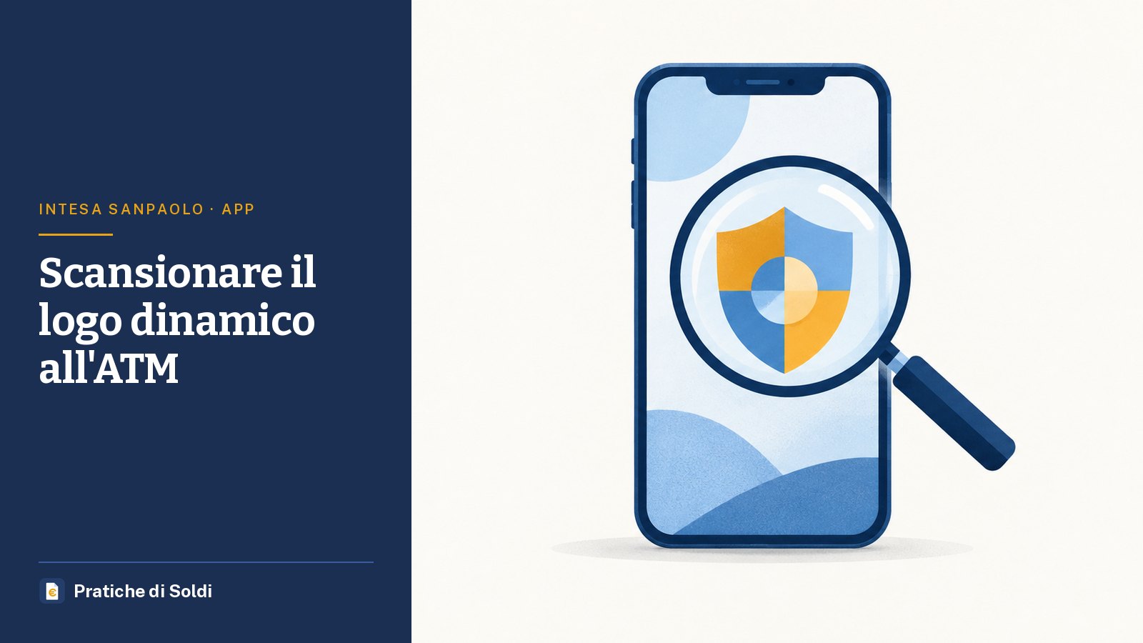 Scansionare il logo dinamico all'ATM: uno smartphone con una lente d'ingrandimento sopra uno scudo di sicurezza