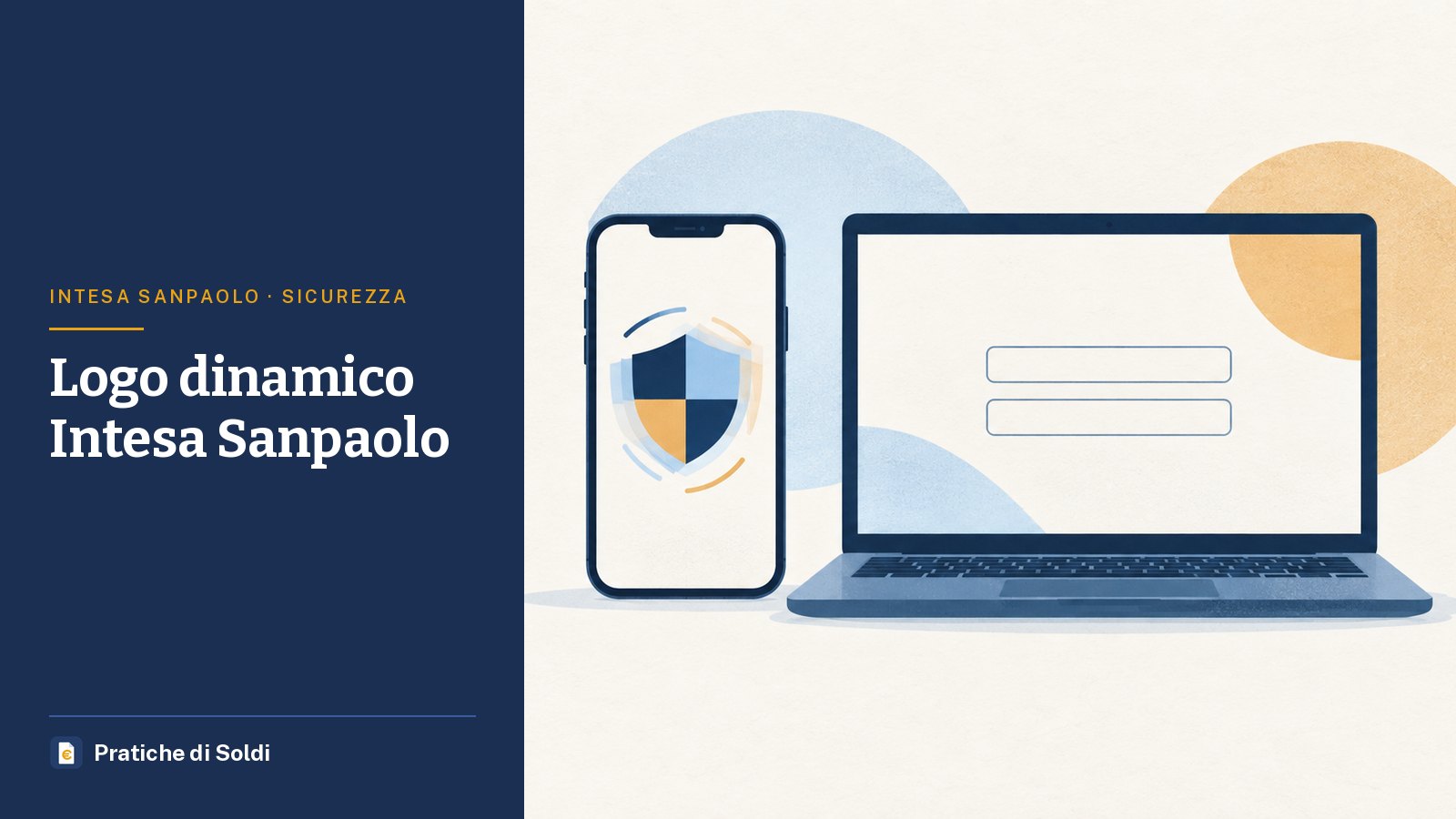 Logo dinamico Intesa Sanpaolo: uno smartphone con uno scudo di sicurezza accanto a un portatile con la schermata di accesso