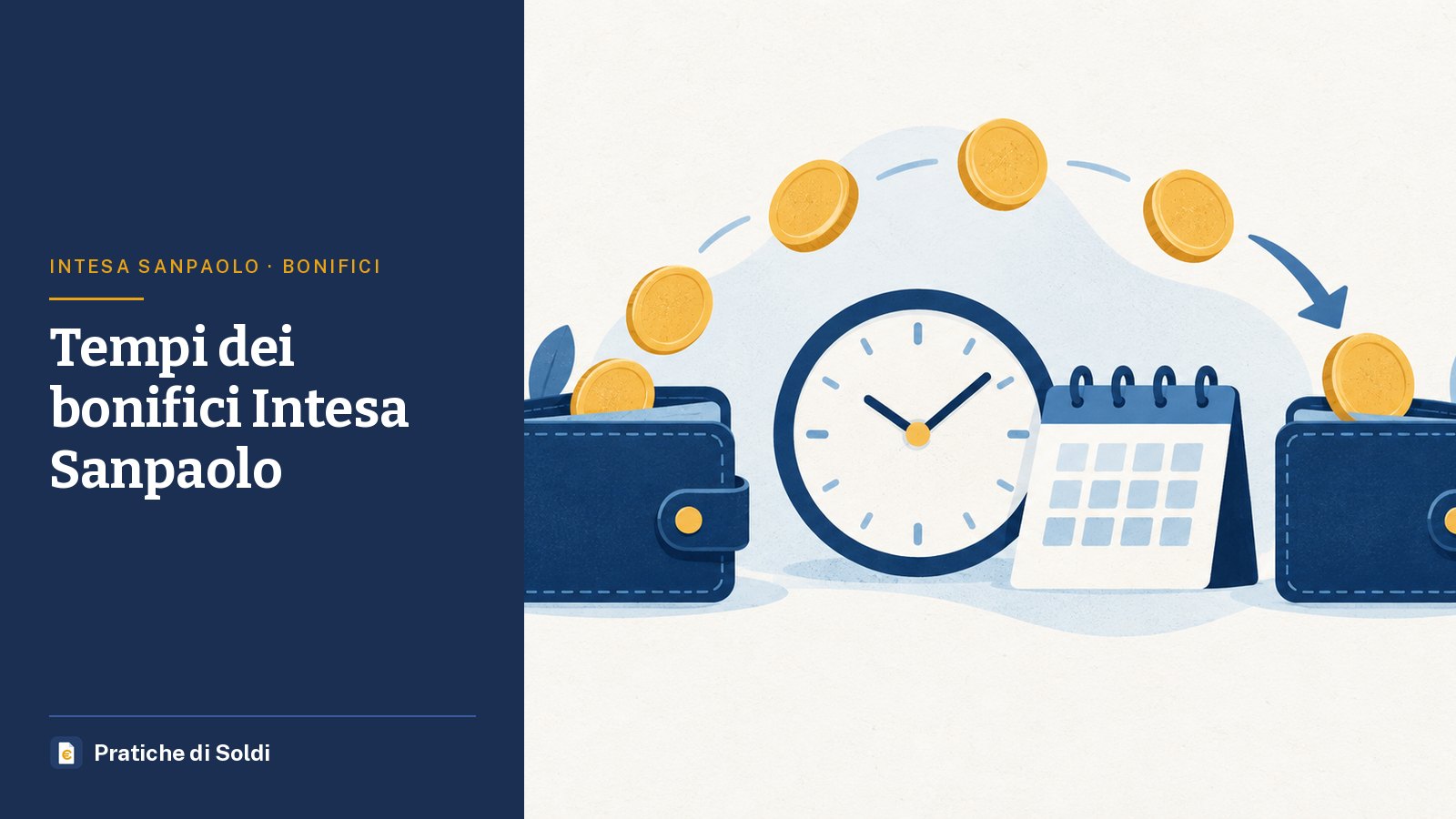 Tempi dei bonifici Intesa Sanpaolo: monete che passano da un portafoglio all'altro con un orologio e un calendario
