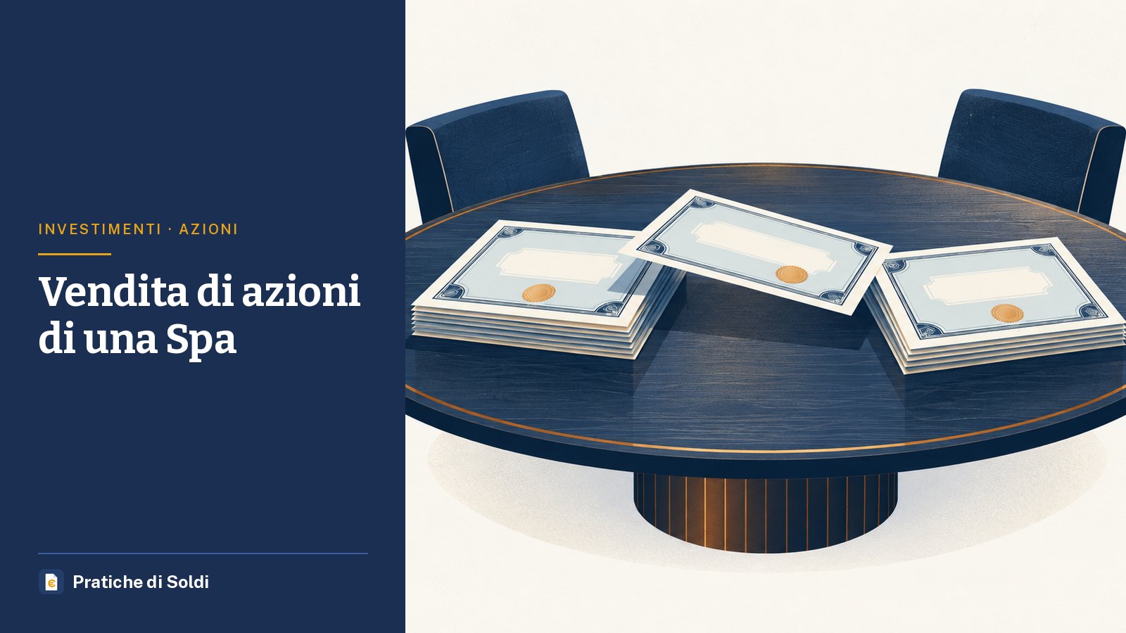 Vendita di azioni di una Spa: certificati azionari su un tavolo da riunione