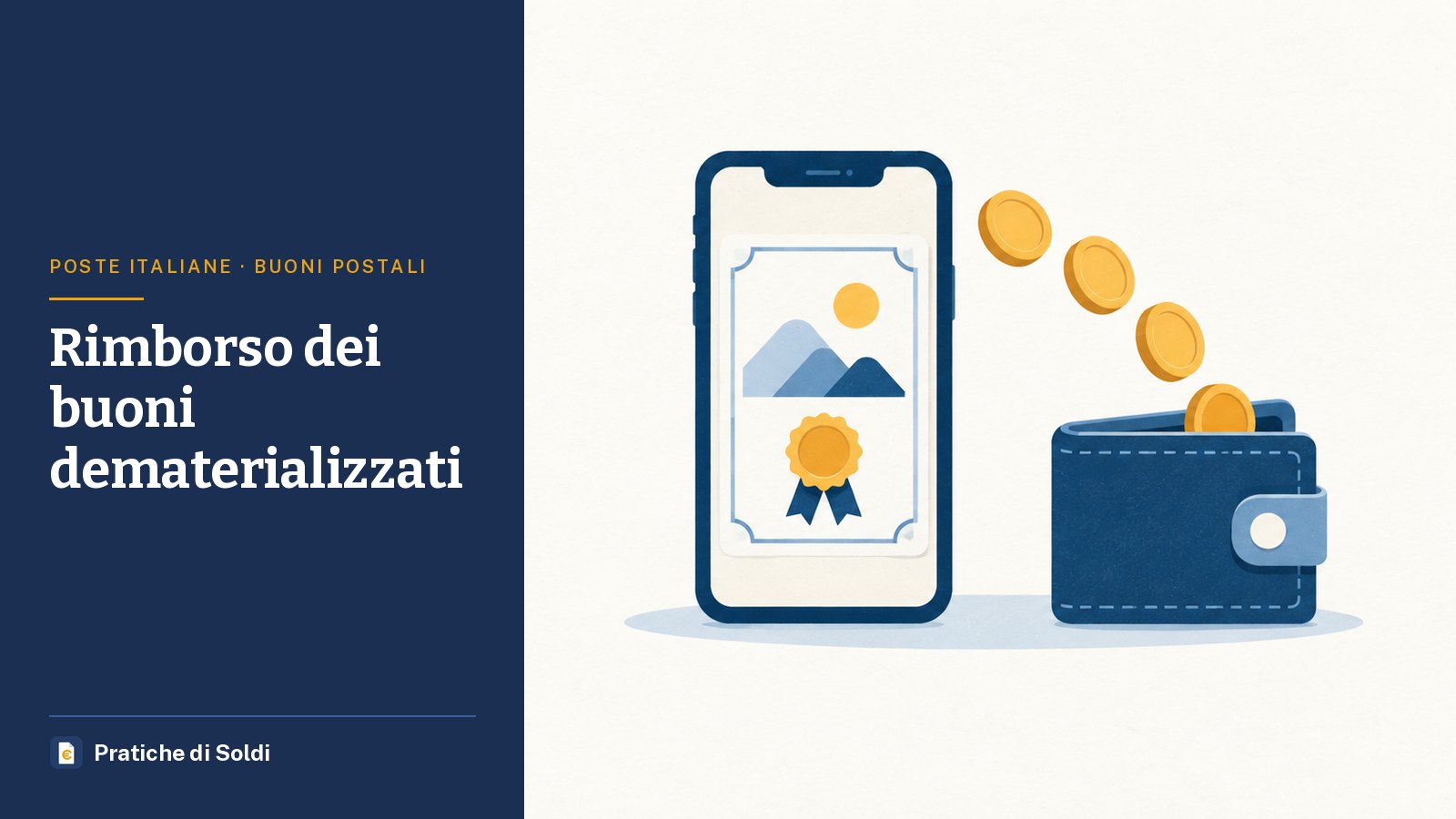 Rimborso dei buoni dematerializzati: uno smartphone con un certificato di risparmio e monete che scendono in un portafoglio