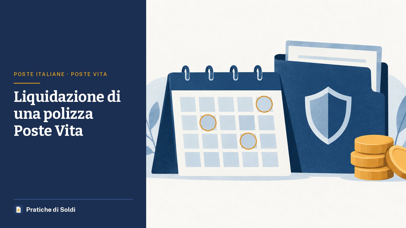 Liquidazione di una polizza Poste Vita: un calendario con alcuni giorni cerchiati accanto a una cartella di polizza e una pila di monete