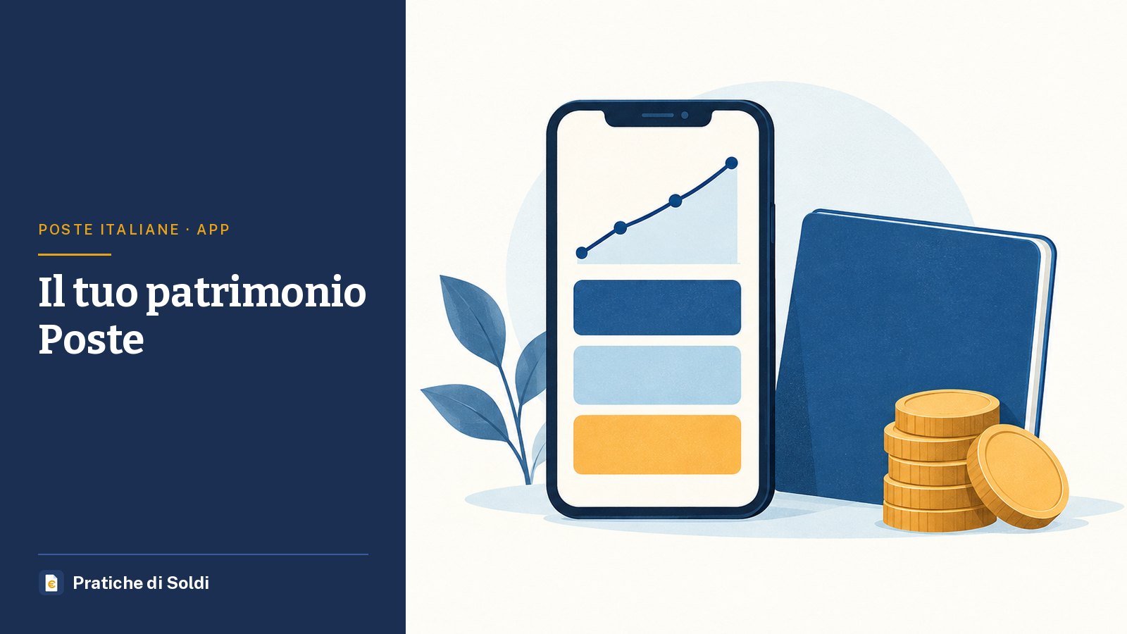 Il tuo patrimonio Poste: uno smartphone con il riepilogo dei risparmi accanto a un libretto e a una pila di monete