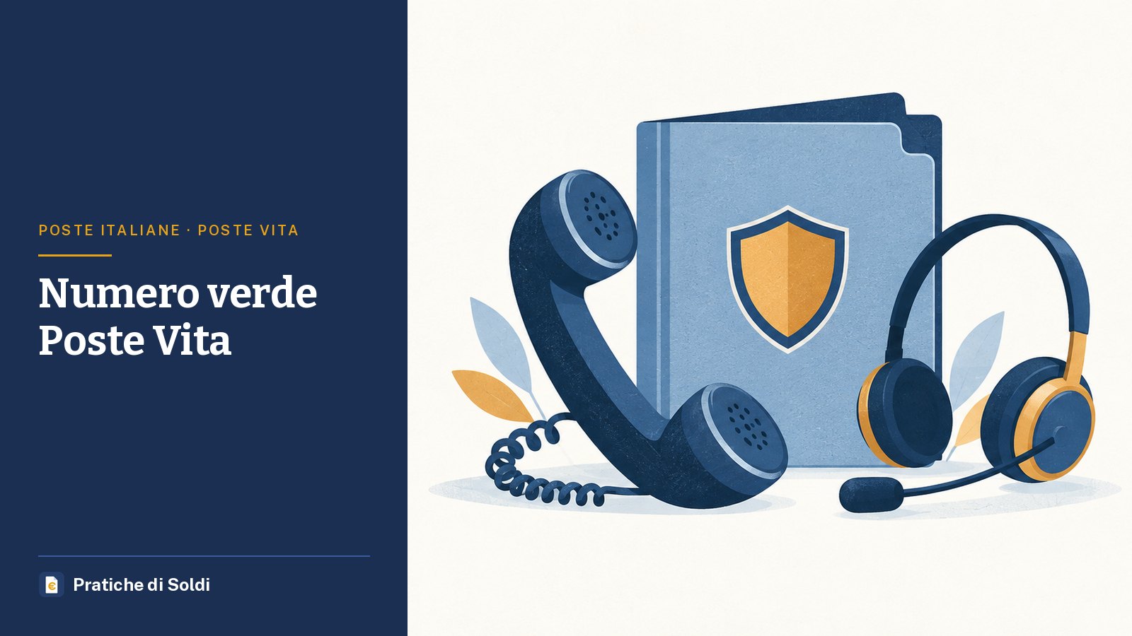 Numero verde Poste Vita: una cornetta del telefono e una cuffia accanto a una cartella con lo scudo