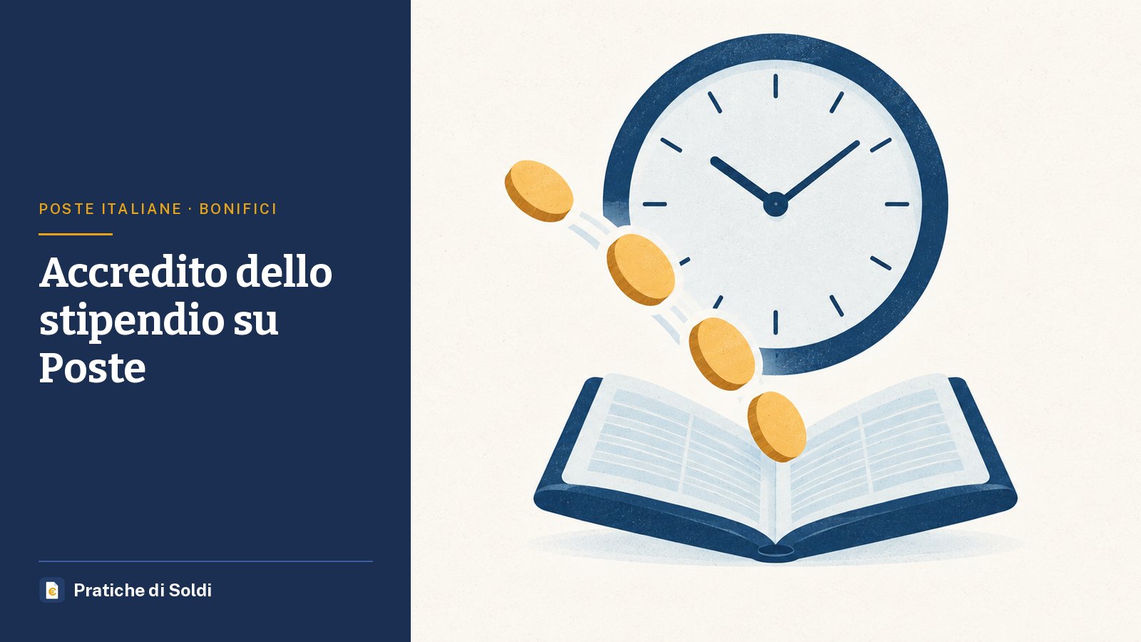 Accredito dello stipendio su Poste: un orologio e monete che cadono in un libretto aperto
